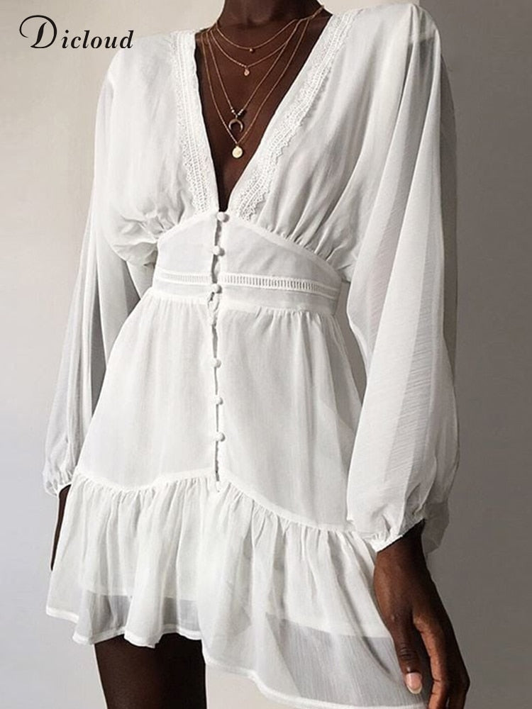 WW | Weiß Fließendes Langarm Sommerkleid