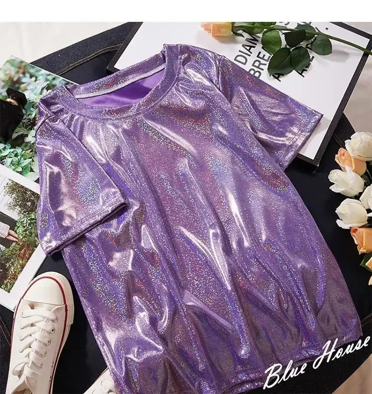 WW | S 5Xl Damen Funkelnd Shiny Metallisch Holografisch Rundhals Kurzarm Lässig Lose Top Festival Party T-Shirt Damenbekleidung