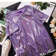 WW | S 5Xl Damen Funkelnd Shiny Metallisch Holografisch Rundhals Kurzarm Lässig Lose Top Festival Party T-Shirt Damenbekleidung