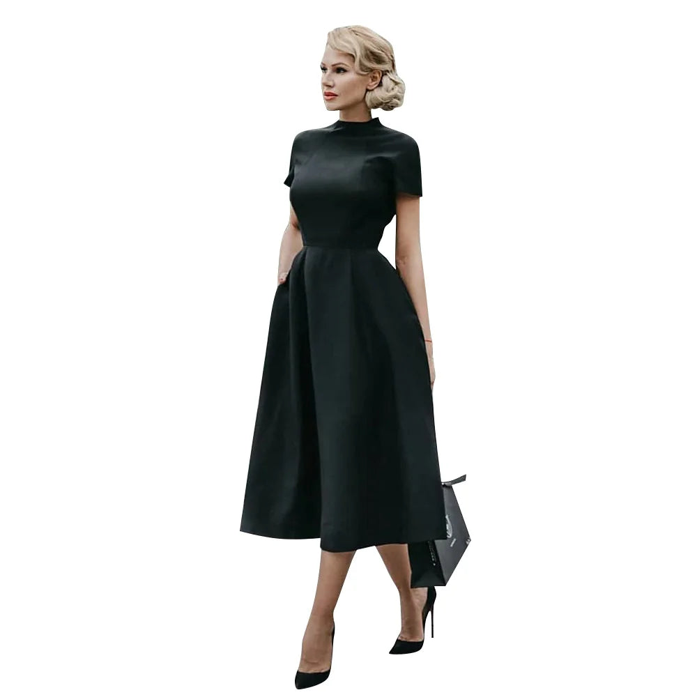 WW | Frauen Elegantes Schwarzes Kleid Halbhoher Kragen Hohe Taille A-Linie Kleider Schlankes Fit Kleid Büro Damen Female Solid Vestidos