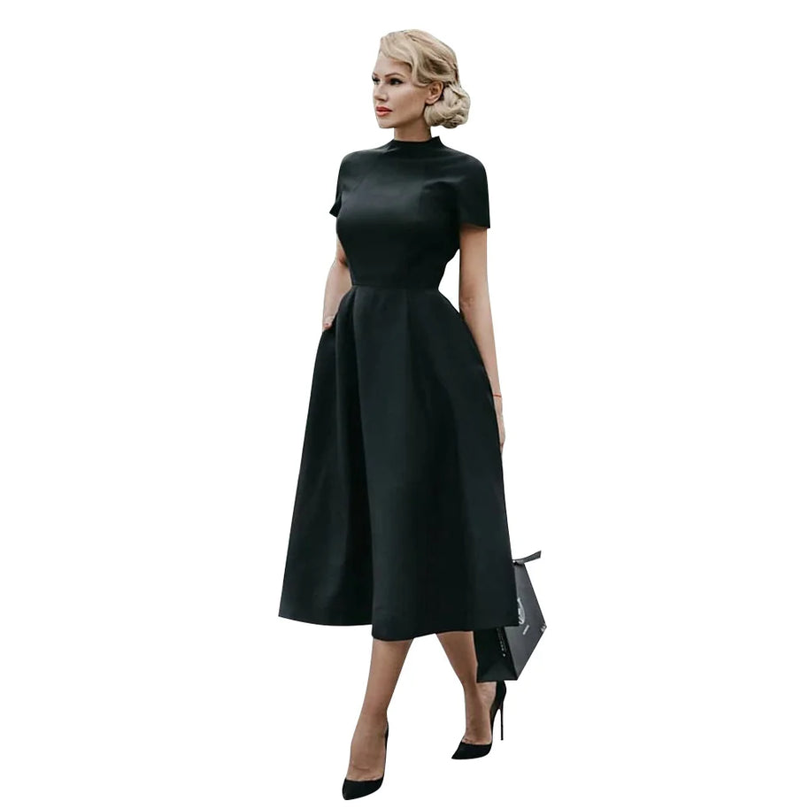 WW | Frauen Elegantes Schwarzes Kleid Halbhoher Kragen Hohe Taille A-Linie Kleider Schlankes Fit Kleid Büro Damen Female Solid Vestidos