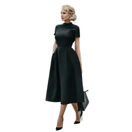 WW | Frauen Elegantes Schwarzes Kleid Halbhoher Kragen Hohe Taille A-Linie Kleider Schlankes Fit Kleid Büro Damen Female Solid Vestidos