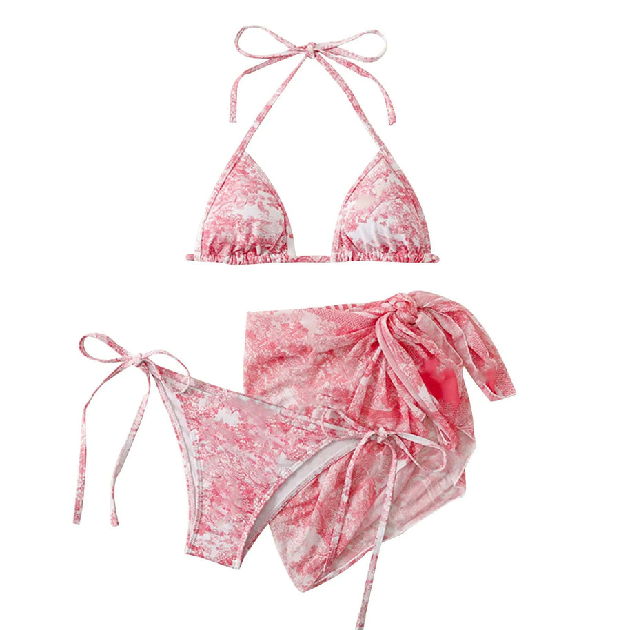 WW | Damen Dreiteilig Badekleidung Sommer Push-Up Hohe Taille Bikini Set mit Bedeckung Rock Tie Dyed Schwimmen Badeanzug Strandbekleidung