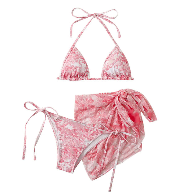 WW | Damen Dreiteilig Badekleidung Sommer Push-Up Hohe Taille Bikini Set mit Bedeckung Rock Tie Dyed Schwimmen Badeanzug Strandbekleidung