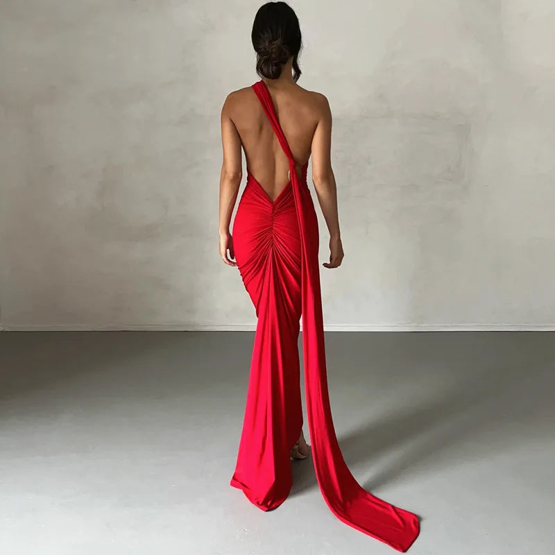 WW | Neue Mode Elegante Maxi Kleid für Frauen Sexy Ein Schulter Bodycon Slim Plissiert Einfarbig Rückless Kleider Fest Klub Kleidung