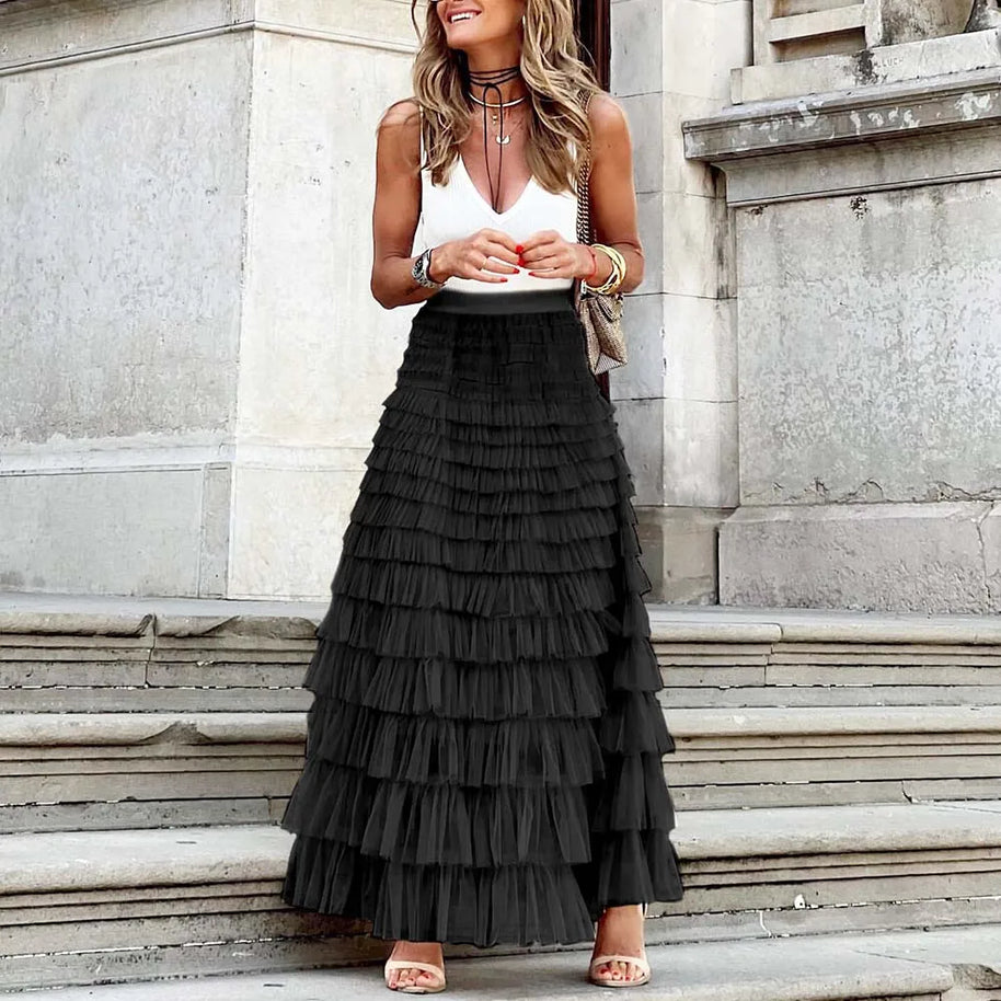 WW | Lässig Damen Solide Ballkleid Lange Rock Tüll Hohe Taille Plissierte Tutu Rock Elegante Damen Wildes Netz Dating Maxi Röcke Drop