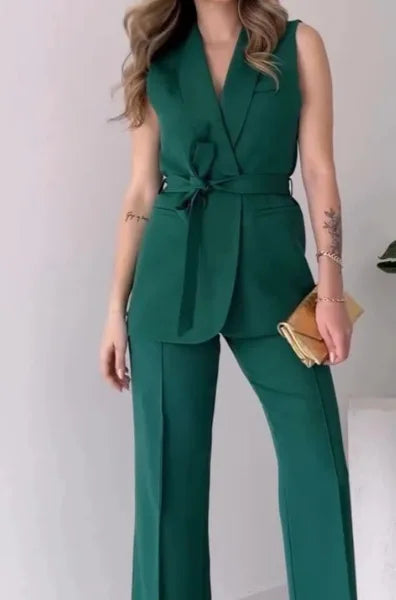 WW | Elegantes 2-teiliges ärmelloses Oberteil und lange Hosen Set einfarbig schlankes Set Damen Party Outfit