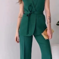 WW | Ärmelloser Blazer-Anzug Taillierte Passform Wickel-V-Ausschnitt Weite Hose