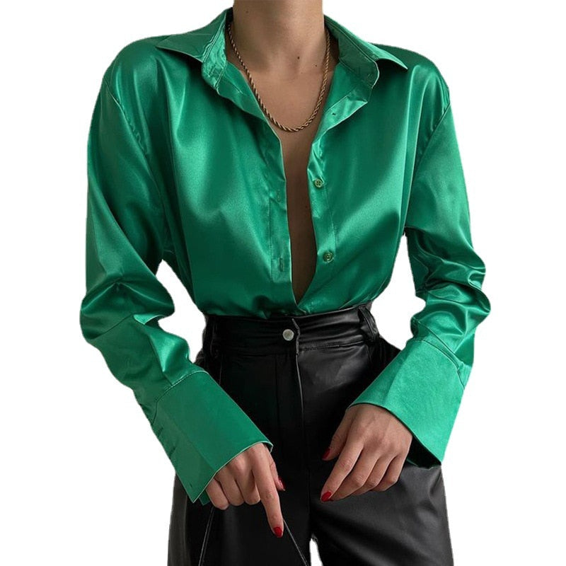 W&W Mode | Satinierte Bluse Mit Polo Kragen Seidenbluse Fürs Büro Weinlese Design Mit Lockerer Knopf Elegante Mode