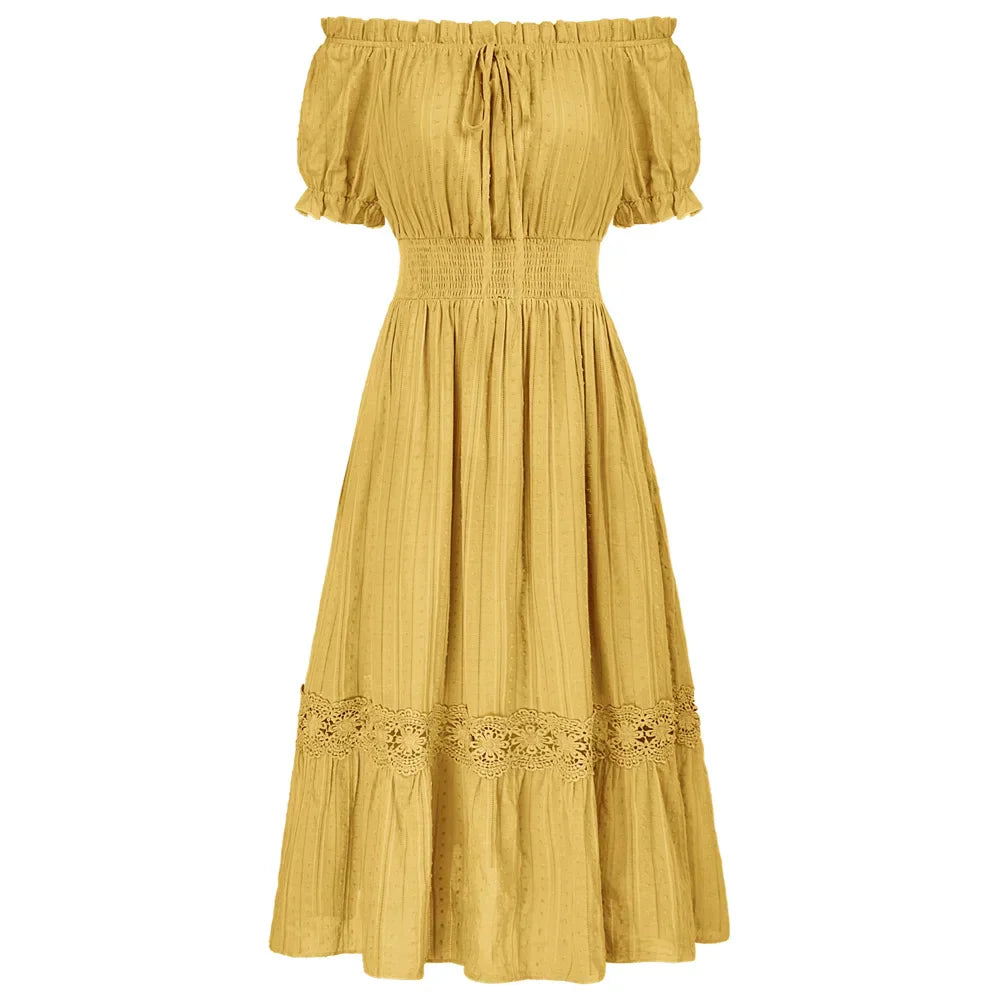 WW | Sd Frauen Renaissance Baumwolle Kleid Sommer Kurzarm Rüsche Off Shoulder Ausgestellt A-Linie Kleid Rüsche Slim Fit Mode Kleider
