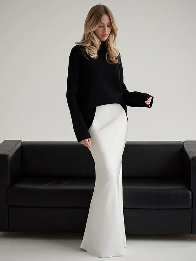 WW | Wollgefühl Lässiger Satin Damenrock Frühjahr Sommer Mode Lässig Hohe Taille Maxi Röcke Elegant Einfach Süß Fischschwanz Rock