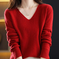 WW - Strickpullover mit V-Ausschnitt - Damen Elegant Gemusterter Pullover