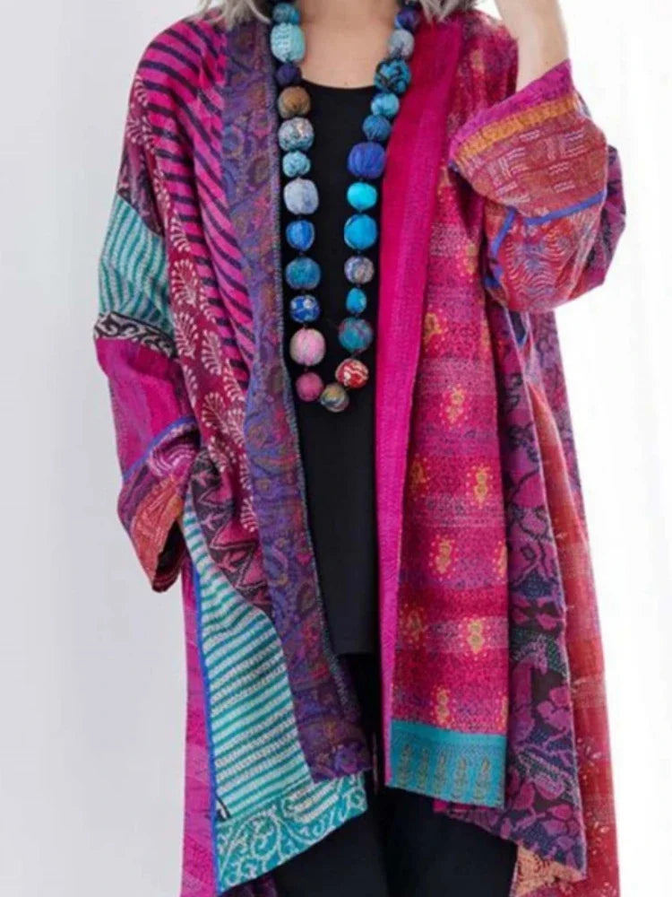 WW | Damen Strickjacke Aus Baumwoll Leinen Mit Ethno Print