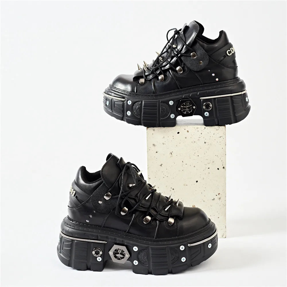 WW | Fashion Frauen Ankle Boots Damen Dünne Absätze Runde Spitze Schnürsenkel Metall Dekoration Sneakers Fräulein Nieten Punk Gothic Rock Schuhe