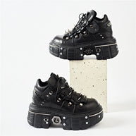 WW | Fashion Frauen Ankle Boots Damen Dünne Absätze Runde Spitze Schnürsenkel Metall Dekoration Sneakers Fräulein Nieten Punk Gothic Rock Schuhe