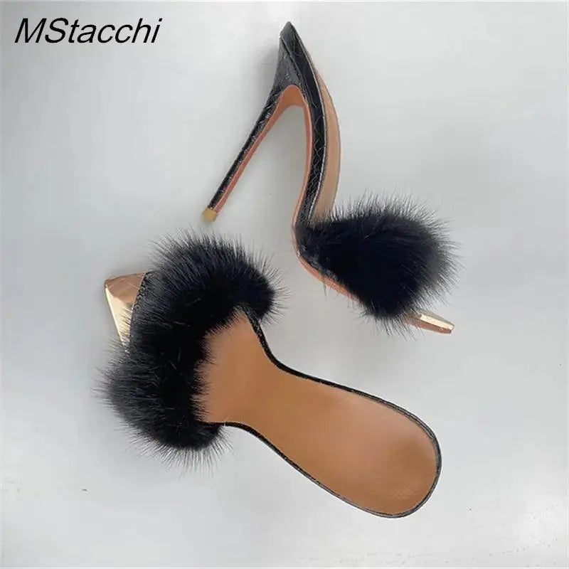 WW | Sommer Furry Mules Schuhe Peep Toe Dünne Absätze Slippers Frauen Sxy Metall Dekoration Spitz Zehe Gladiator Sandalen Fest Stiletto