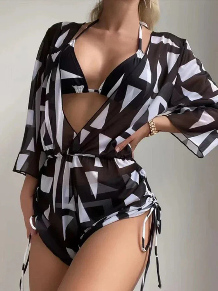 WW | 3 Stück Bikini Tropischer Druck Badebekleidung Halter Schnürseite Badebekleidung Frauen Badeanzug Weiblich Schwimmen Sommer Strandbekleidung