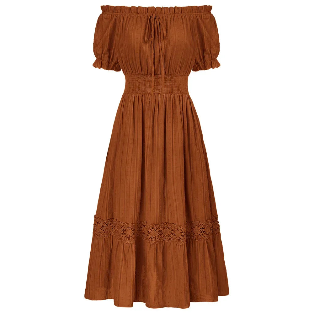 WW | Sd Frauen Renaissance Baumwolle Kleid Sommer Kurzarm Rüsche Off Shoulder Ausgestellt A-Linie Kleid Rüsche Slim Fit Mode Kleider