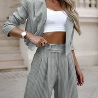 WW | Gestreifter, Kurz Geschnittener Blazer Und Hose Für Damen, Zweiteiliges Satz