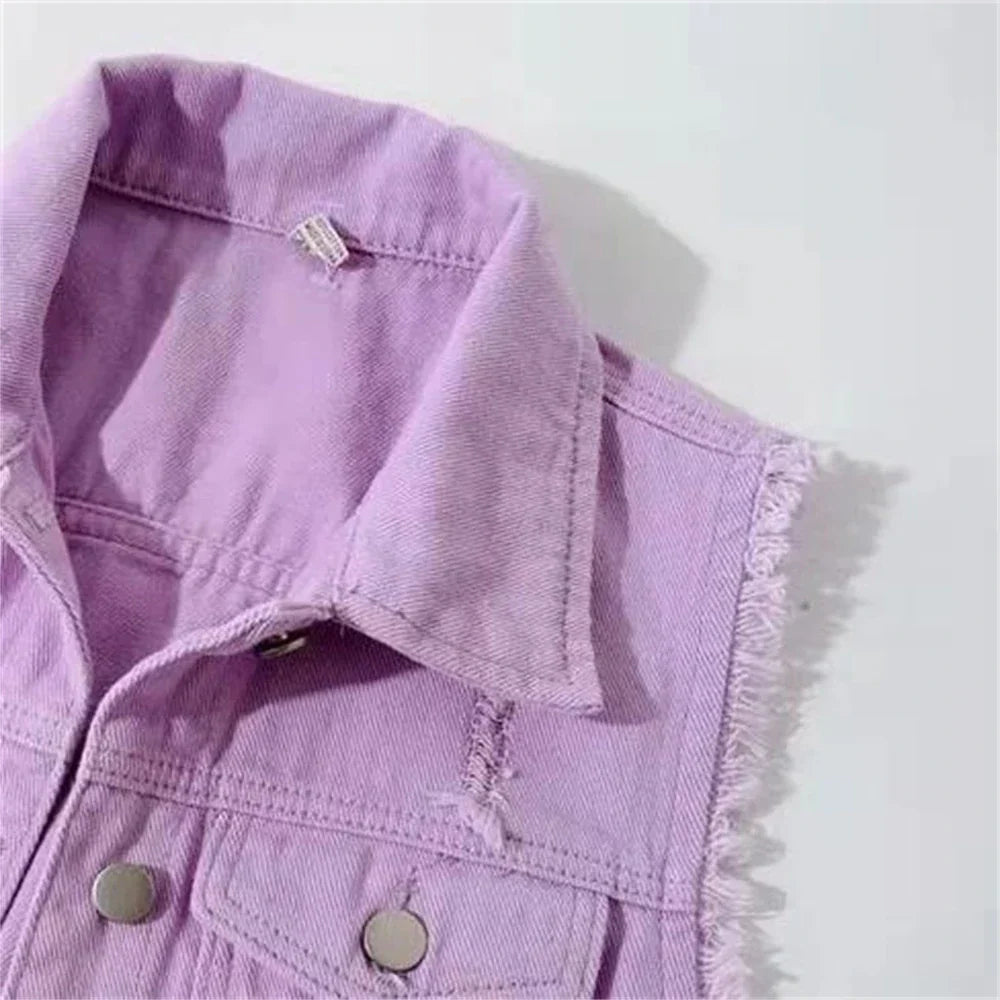 WW | Denim Weste Ärmellos Ausgefranst Knopfverschluss Klassischer Kragen Lässige Passform