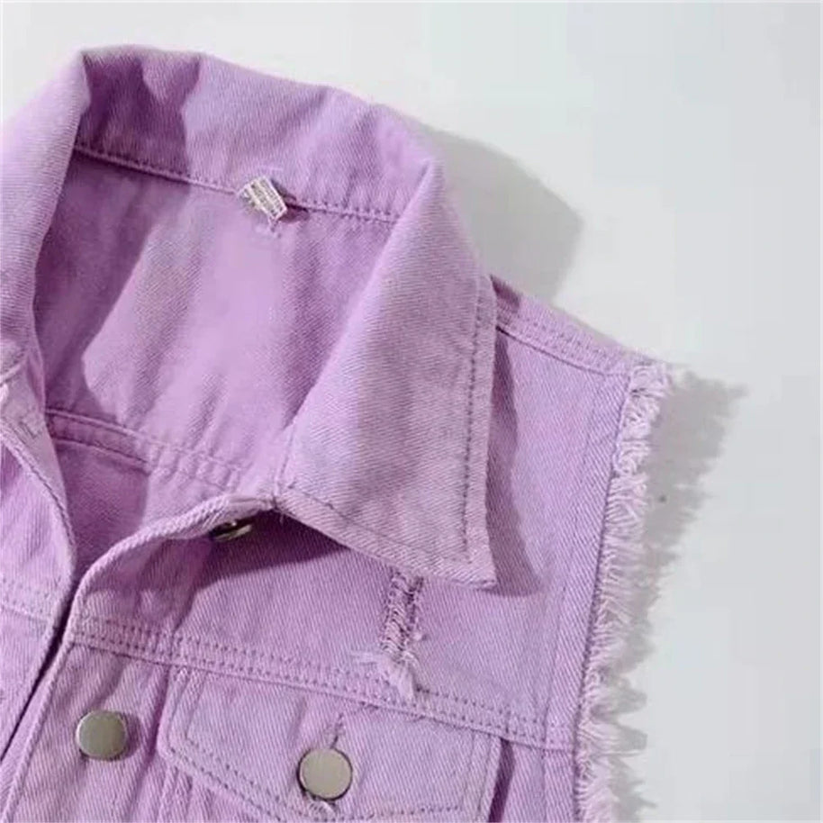 WW | Denim Weste Ärmellos Ausgefranst Knopfverschluss Klassischer Kragen Lässige Passform