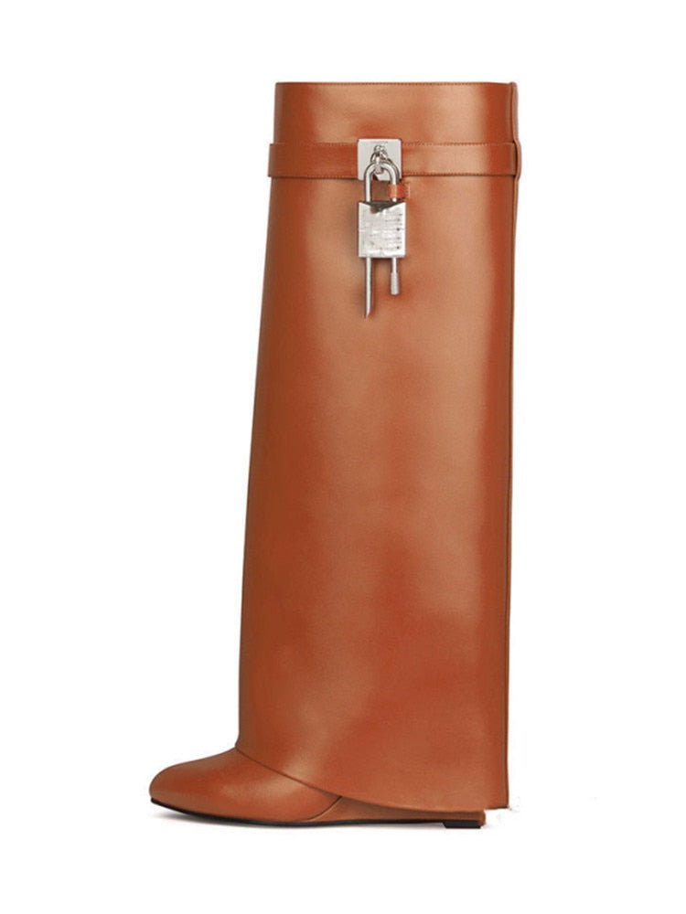 W&W Mode | Damen Kniehoge Stiefel Shark Lock Lange Dicke Sohlen High Heels Stiefel Designer Luxusmarke Damen Lederstiefel