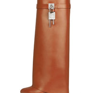 WW | Damen Kniehoge Stiefel Shark Lock Lange Dicke Sohlen High Heels Stiefel Designer Luxusmarke Damen Lederstiefel