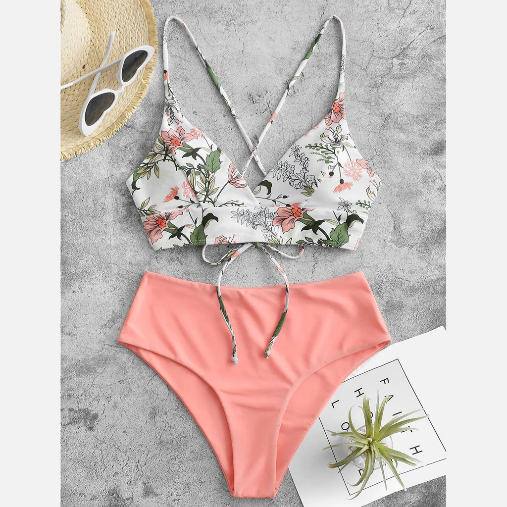 WW | Sommer Frauen 2 Geteilte Bademode Blumenmuster Spaghettiträger Badeoberteil Hohe Taille Bikinioberteile Weibliches Strandbadeanzug