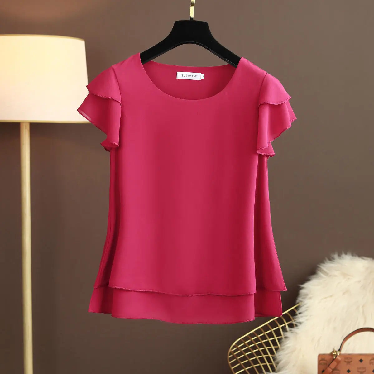 WW | Chiffon Bluse Mit O-ausschnitt Und Kurzen Ärmeln