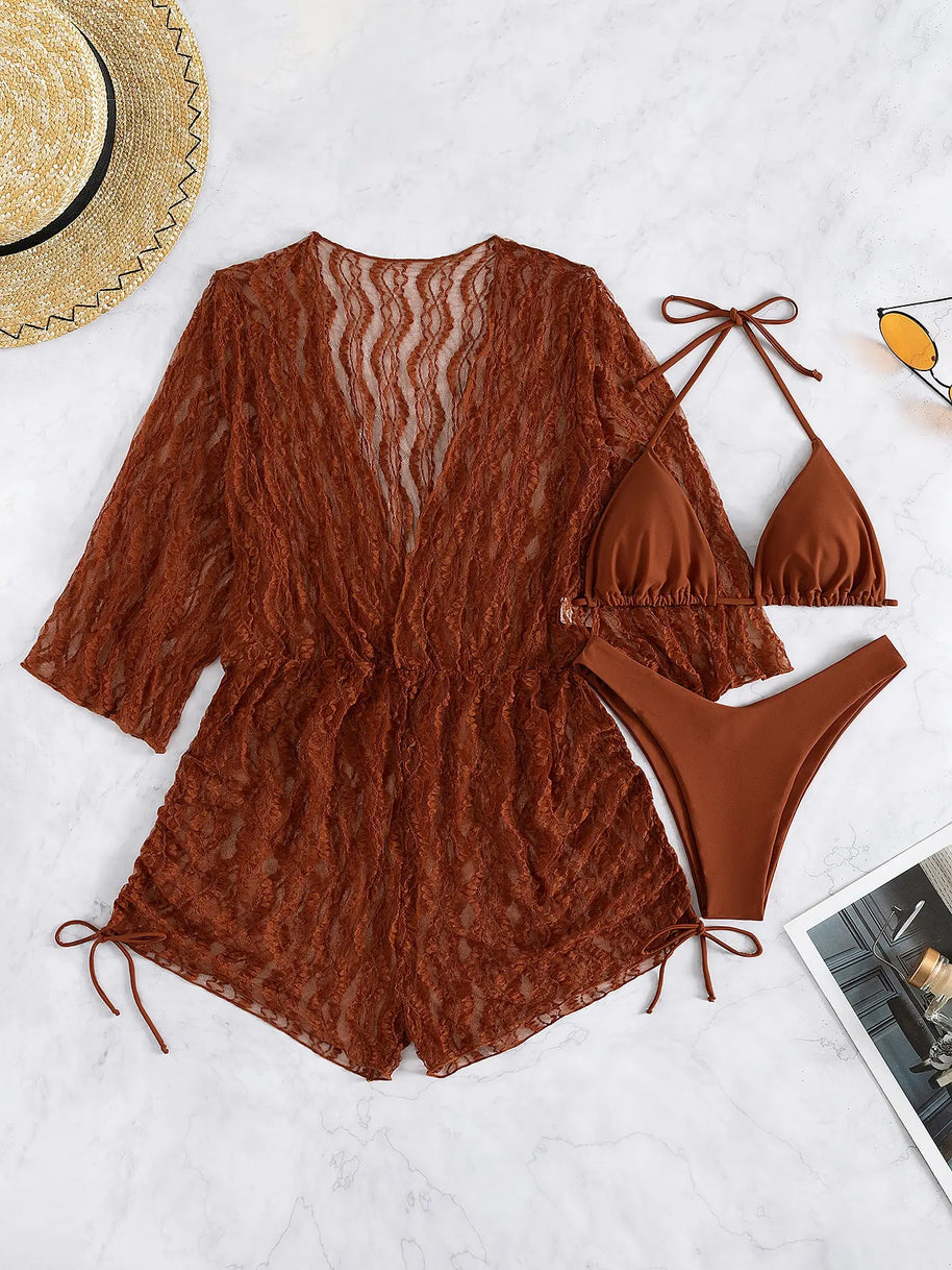 WW | 3 Stück Bikini Tropischer Druck Badebekleidung Halter Schnürseite Badebekleidung Frauen Badeanzug Weiblich Schwimmen Sommer Strandbekleidung