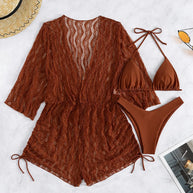 WW | 3 Stück Bikini Tropischer Druck Badebekleidung Halter Schnürseite Badebekleidung Frauen Badeanzug Weiblich Schwimmen Sommer Strandbekleidung