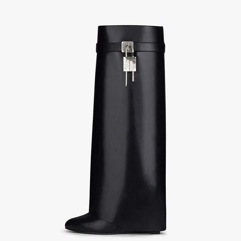 W&W Mode | Damen Kniehoge Stiefel Shark Lock Lange Dicke Sohlen High Heels Stiefel Designer Luxusmarke Damen Lederstiefel