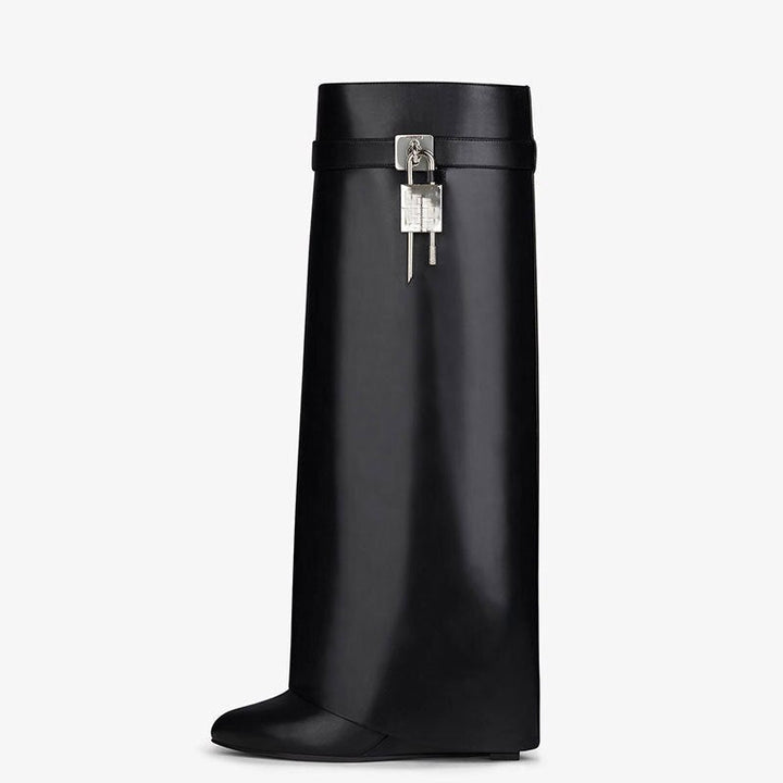 W&W Mode | Damen Kniehoge Stiefel Shark Lock Lange Dicke Sohlen High Heels Stiefel Designer Luxusmarke Damen Lederstiefel
