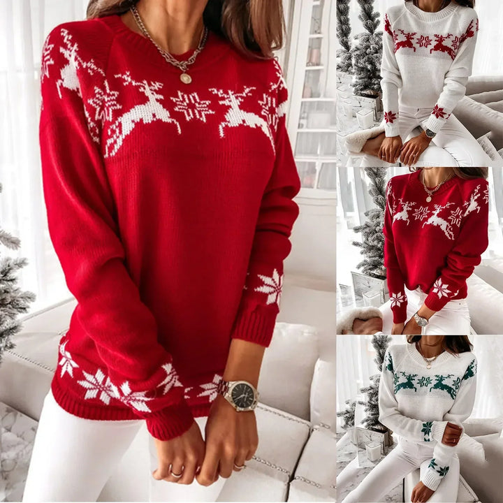 W&W Mode - Hässlicher Weihnachtspulli - Bequemer Strickpulli mit O-Ausschnitt, Rentier- und Schneeflockenmuster