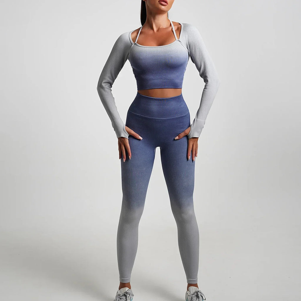 WW | Nahtlose Gradient Yoga Set Sport Fitness Hohe Taille Hip Lifting Hosen Langarm Anzüge Training Fitness Leggings Set für Frauen