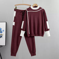 WW | Lässiges Herbst Strick Patchwork Oberteil und Hose Set für Frauen
