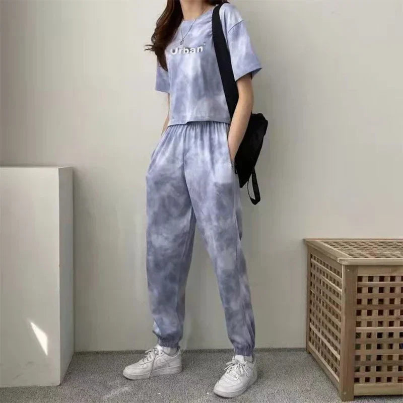 WW | Frauen Bekleidungsset Kurzarm T-Shirt und Hose 2 Stk Sommer Camouflage Batik Lockere T-Shirts Tops Sportlich Lässiges Set Neu