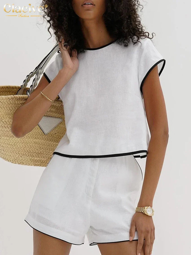 WW | Outfit für Frauen Elegante Kurzarmbluse mit Hochtaillierten Shorts Set Female