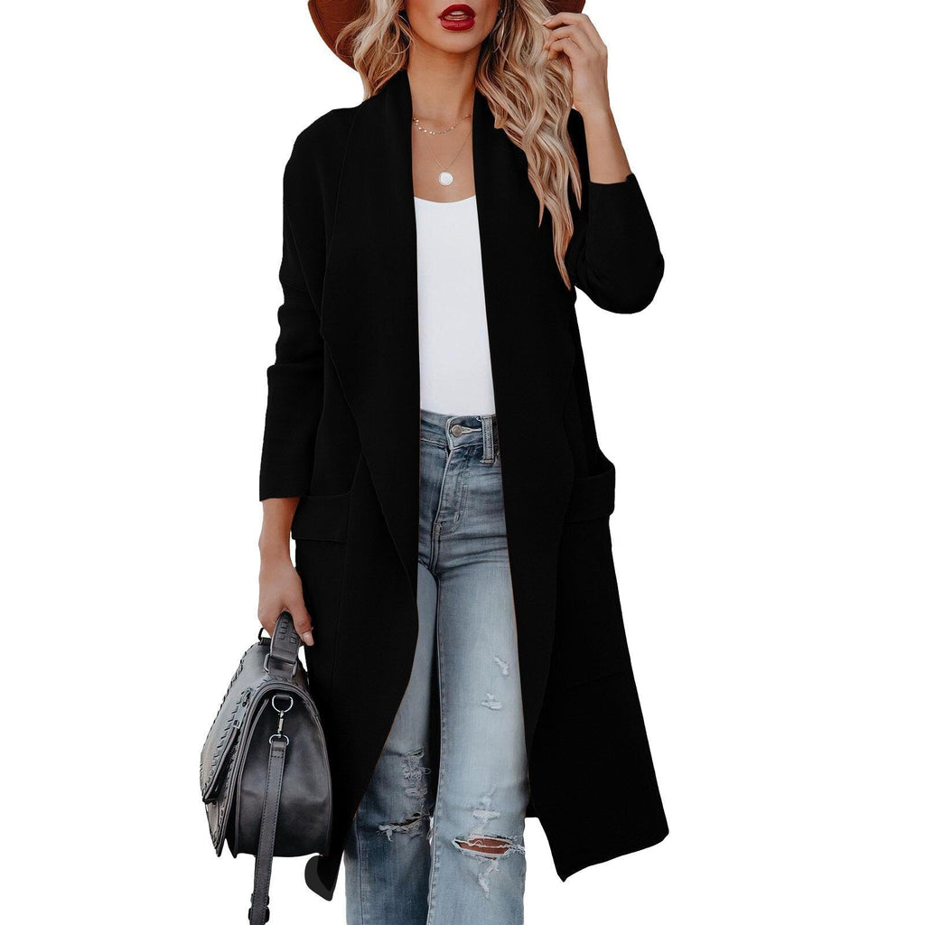 WW - Stilvoller Damen Freizeit langer einfarbiger Mantel mit Taschen