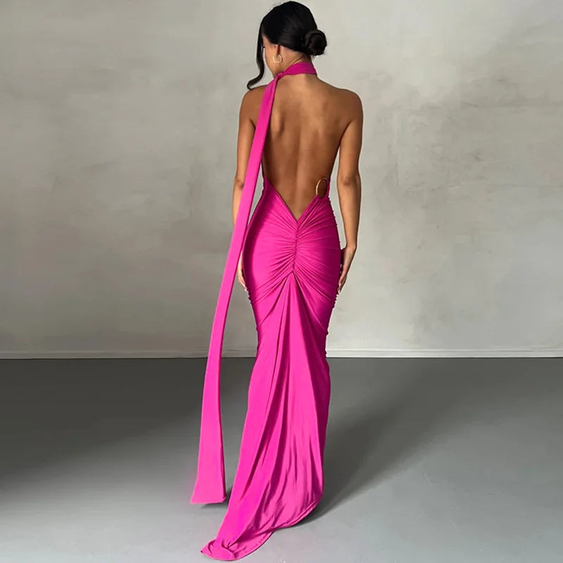 WW | Neue Mode Elegante Maxi Kleid für Frauen Sexy Ein Schulter Bodycon Slim Plissiert Einfarbig Rückless Kleider Fest Klub Kleidung