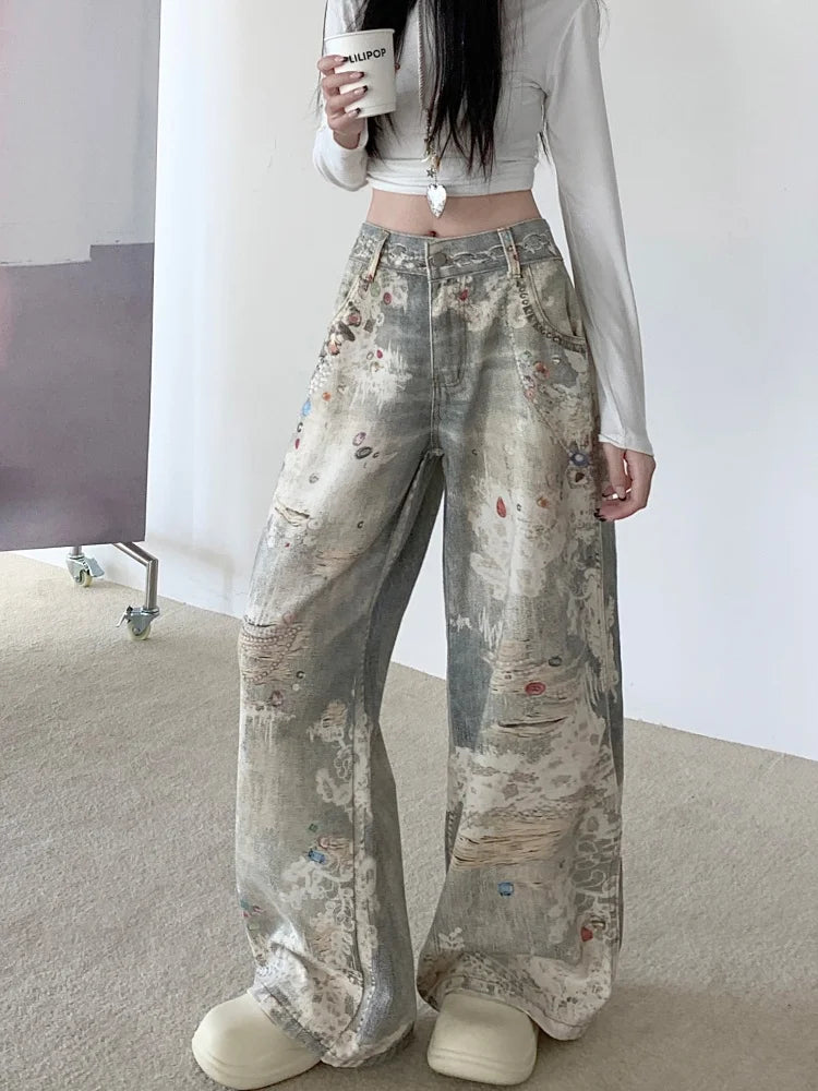WW | Punk Y2K Stil Rhinestone 3D Druck Baggy Alte Jeans Hose für Frauen 90Er Jahre Vintage Kleidung Breite Beine Zerrissene Damenhose