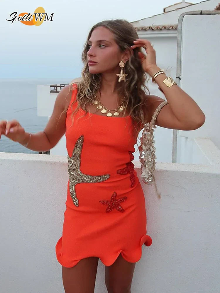 WW | Chic Shinny Seestern Print Rüschensaum Mini Kleid Fashion Bodycon Ärmellos Rückenfrei Kurz Vestidos Sommer Weibliche Strandkleider
