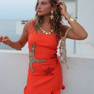 WW | Chic Shinny Seestern Print Rüschensaum Mini Kleid Fashion Bodycon Ärmellos Rückenfrei Kurz Vestidos Sommer Weibliche Strandkleider