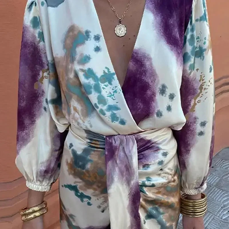 WW | Batik-Wickel-Midikleid mit Puffärmeln