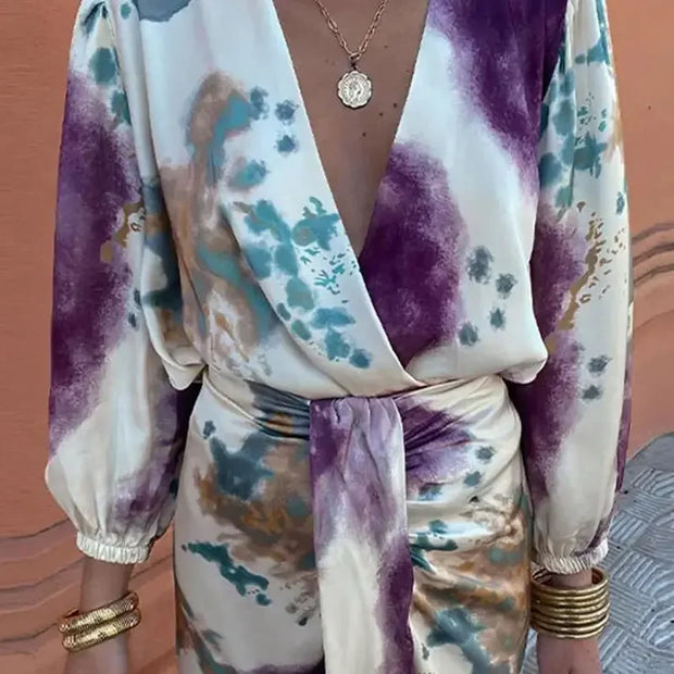 WW | Batik-Wickel-Midikleid mit Puffärmeln