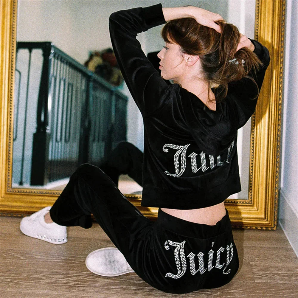 WW | Velours Trainingsanzug Frauen Langarm Hoodie Juicy Bling Shine Tops und Hose Zweiteilig Diamant Logo Druck Lässige Workout Kleidung