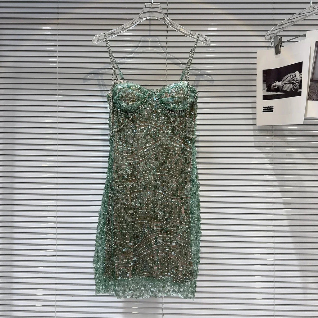 WW | Heavy Industry Diamond Chain Pearl Trägerkleider Frauen für Frauen Sommer Neu Fest Trägerkleid Feminin