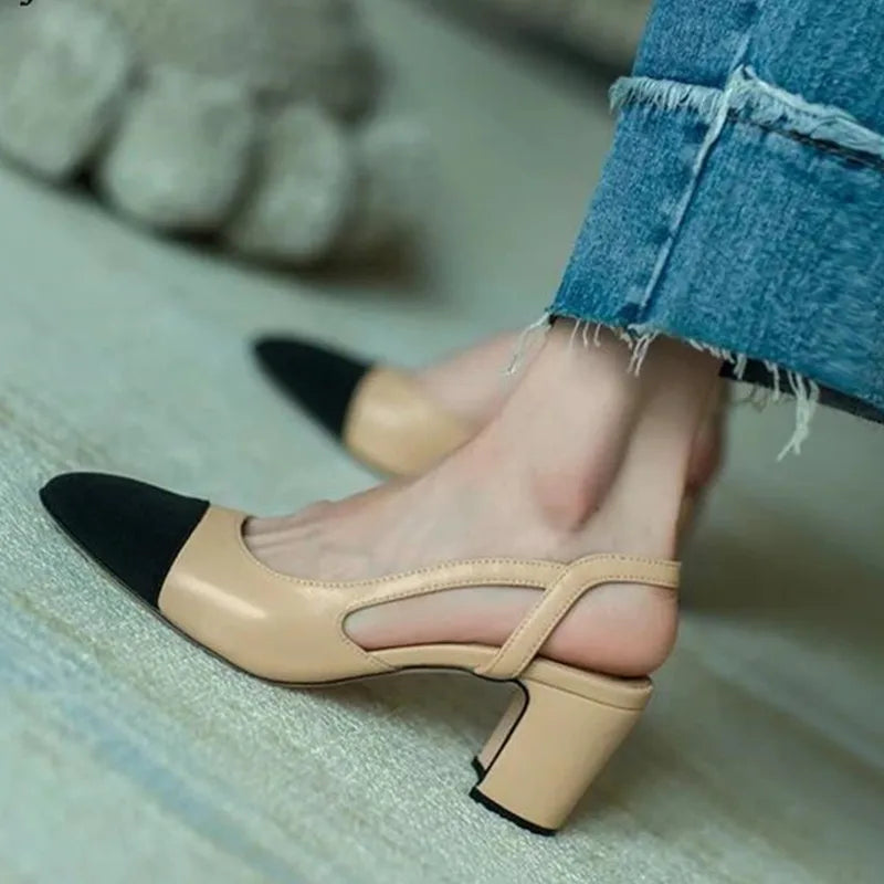 WW | Aprikose Frauen Pumps Mittelhohe Absätze Gemischte Farben Runde Spitze Legere Schuhe Damen Sandalen Festkleid Slingbacks Damen Schuhe Trend