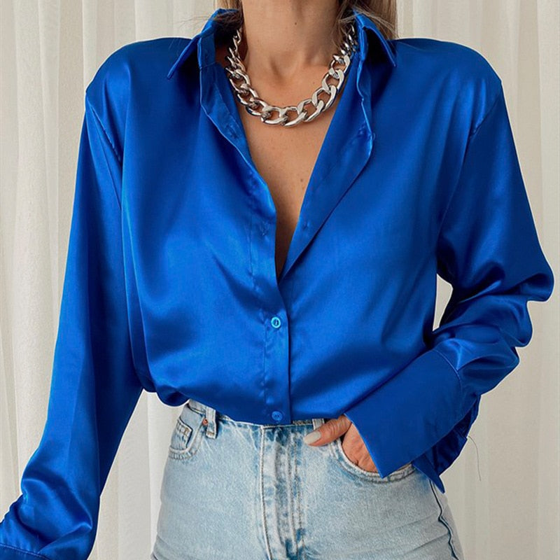 WW | Satinierte Bluse Mit Polo Kragen Seidenbluse Fürs Büro Weinlese Design Mit Lockerer Knopf Elegante Mode
