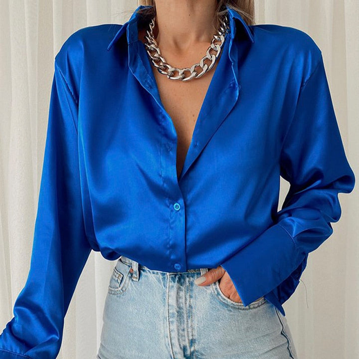 W&W Mode | Satinierte Bluse Mit Polo Kragen Seidenbluse Fürs Büro Weinlese Design Mit Lockerer Knopf Elegante Mode